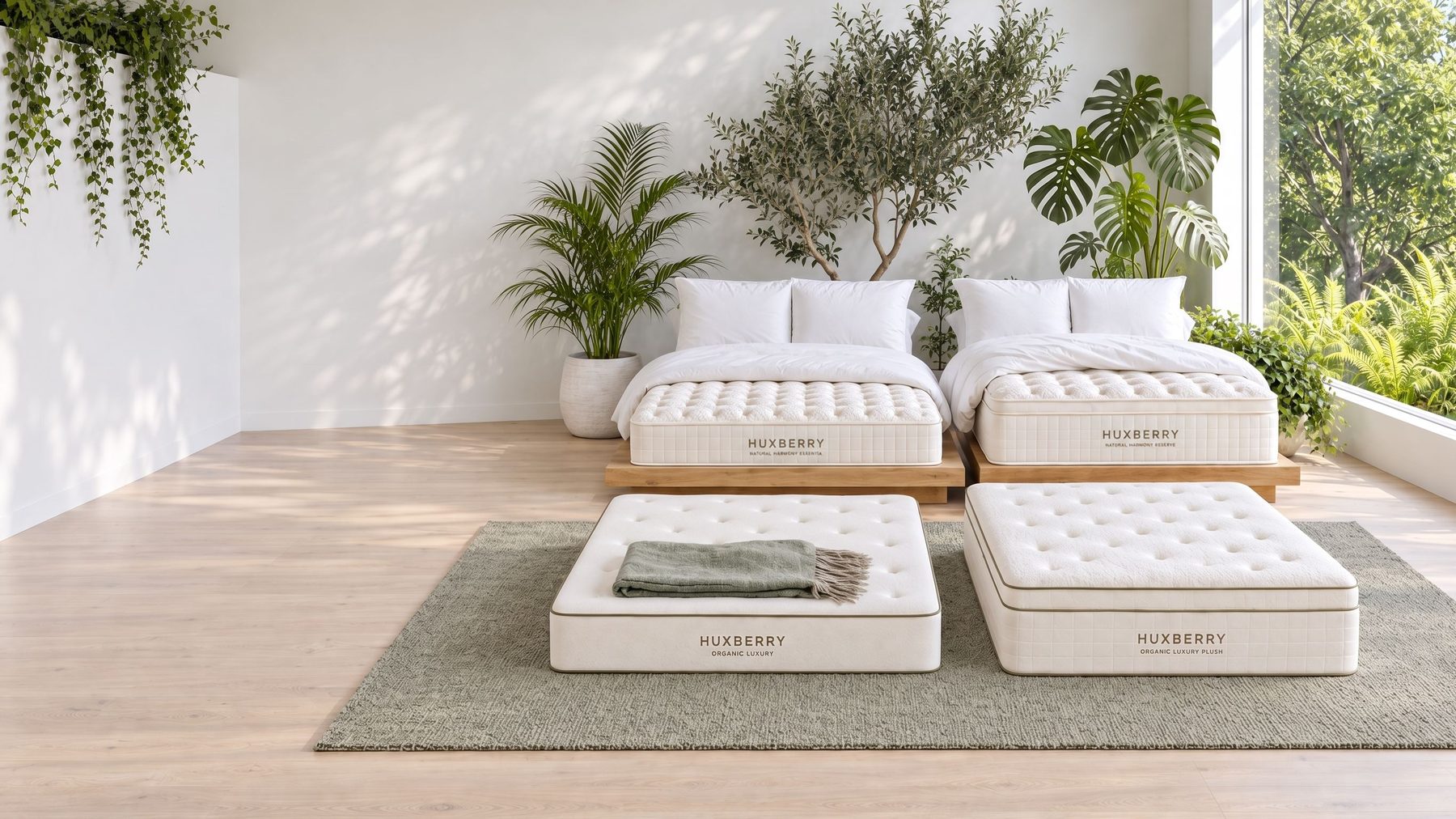 Four Huxberry mattresses in a bright garden room